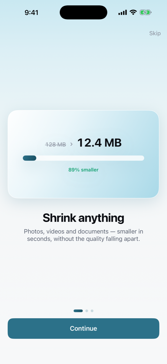 The app showing a 128 MB file reduced to 12.4 MB, 89 percent smaller.